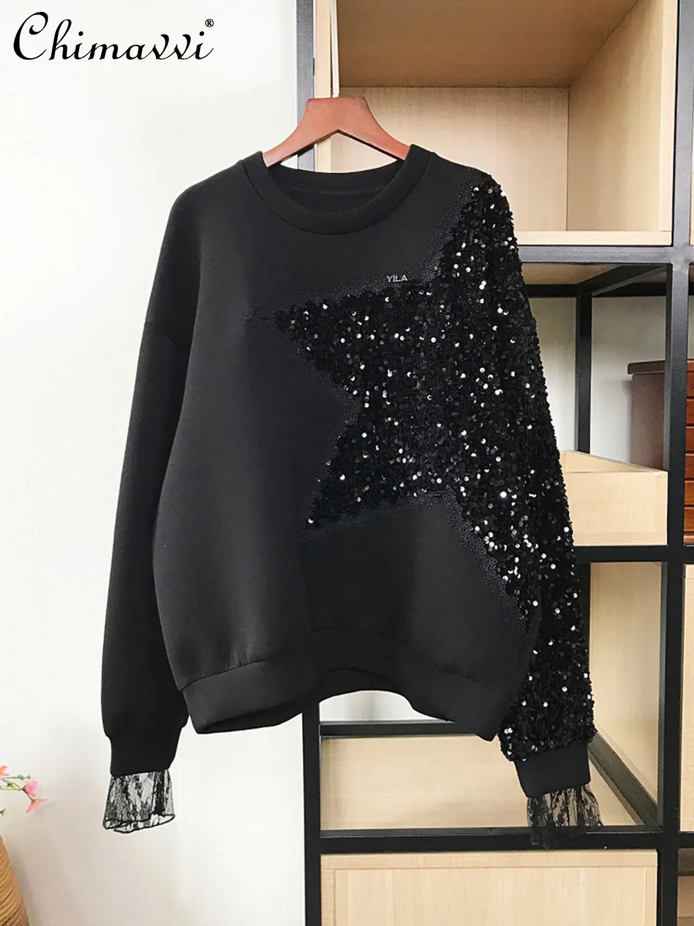 Western Style Fashion Elegant Slimming Cotton Sweatshirt Women's 2023 Spring Trend Sequined Five-Pointed Star Lace Sleeve Hoodie