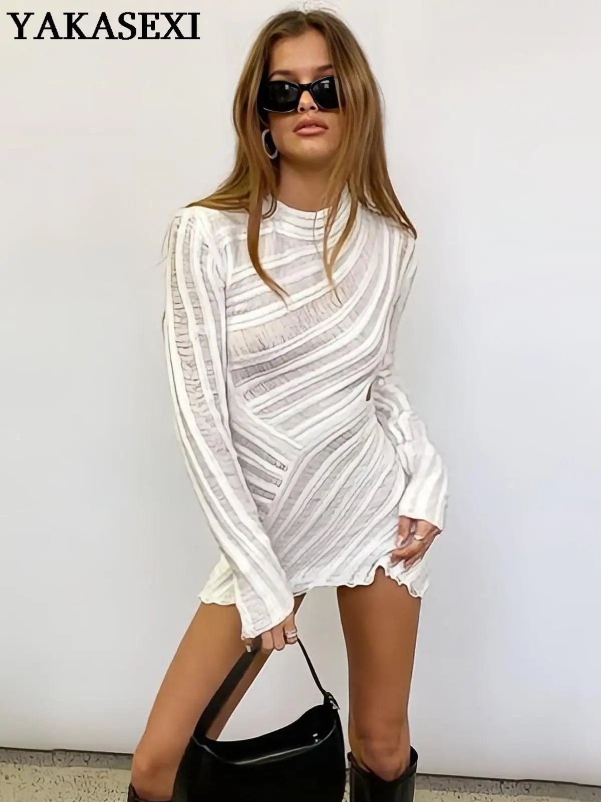 

YAKASEXI 2022 Mesh Striped Mini Dress Women See Through Long Sleeve Dresses Autumn Casual Knitted Sexy Club Hollow Out Vestidos