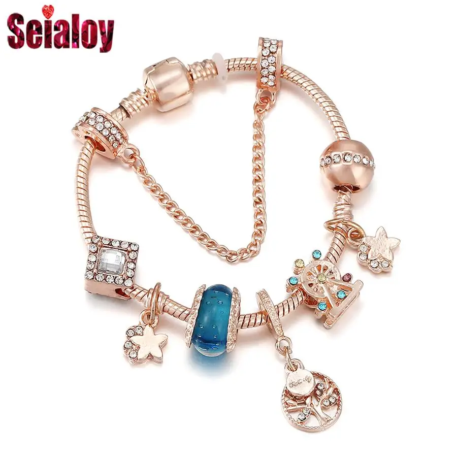 Seialoy синие стеклянные хрустальные бусины Древо жизни кулон браслеты для женщин