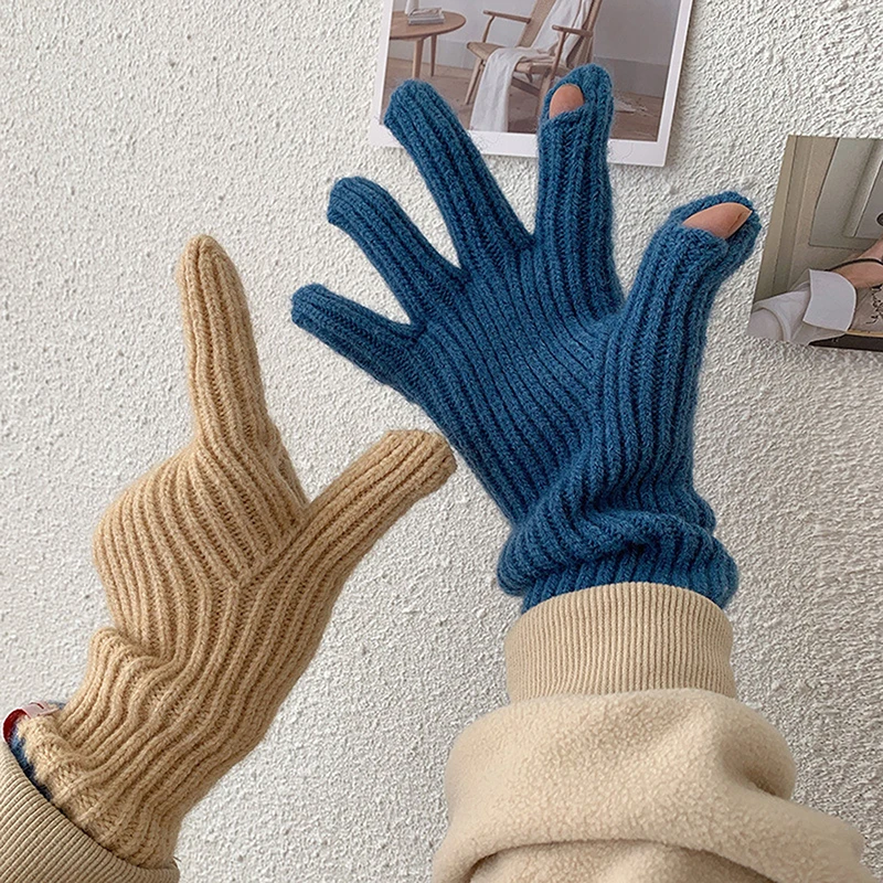 

Уличные зимние перчатки унисекс для сенсорного экрана, милые женские шерстяные вязаные плотные теплые перчатки без пальцев для мужчин, для верховой езды, походов, для холодного ношения