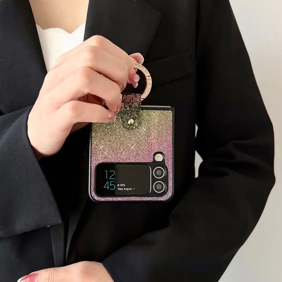 

ZFlip4 Bling Diamond 360 Finger Ring Portable Case For Samsung Galaxy Z Flip 4 ZFlip 3 5G Luxury Glitter Sequins Hard Back Cover