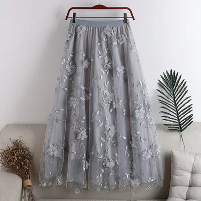 

Spring Summer New Women 2022 High Waist Skirt Slimming Double-Layer Gauze Large Swing Embroidery Flower Midi Skirt