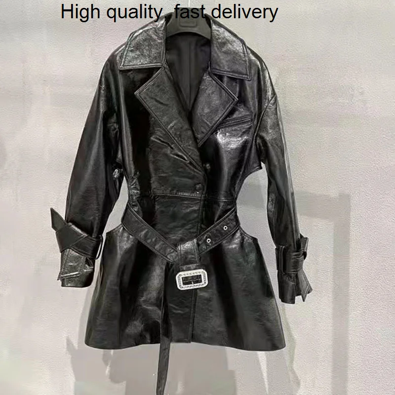

Black Sexy Women Style Coat Imported Real Sheep Leather Regular Length Outer Wear Spring/Autumn Soft Warm Jacket With Sashes.