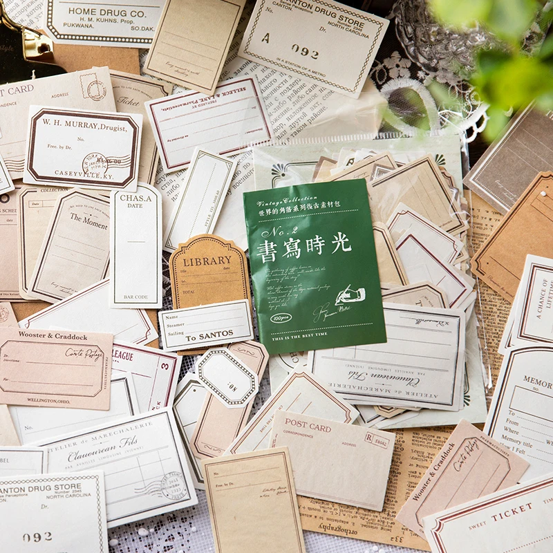 

100 Pcs Material bag retro art minimalist label hand ledger decorative note paper writing message 4 options