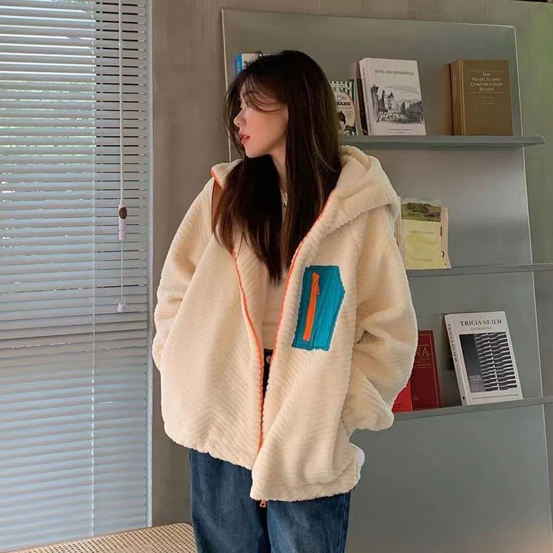 Lamb Wool Fur Jacket Hooded Plush Grain Fashion Streetwear Vintage Zipper Patchwork Jacket Hooded Thick Coat Korean Style Ins