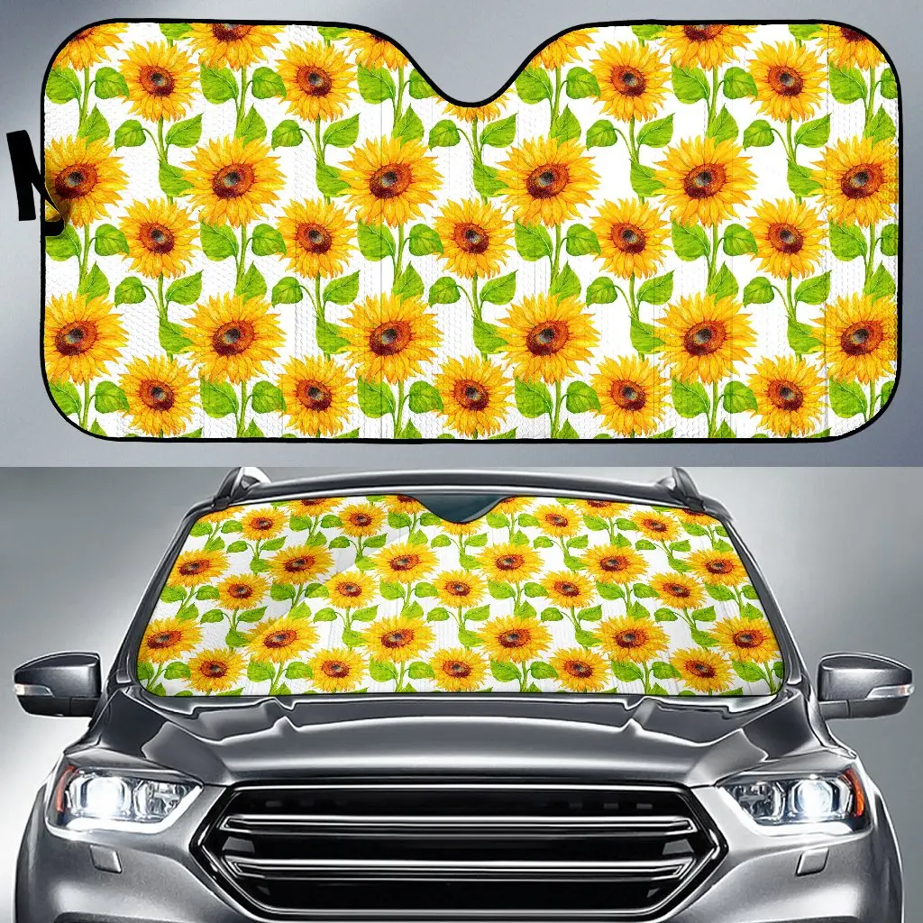 

White Watercolor Sunflower Pattern Print Car Sun Shade
