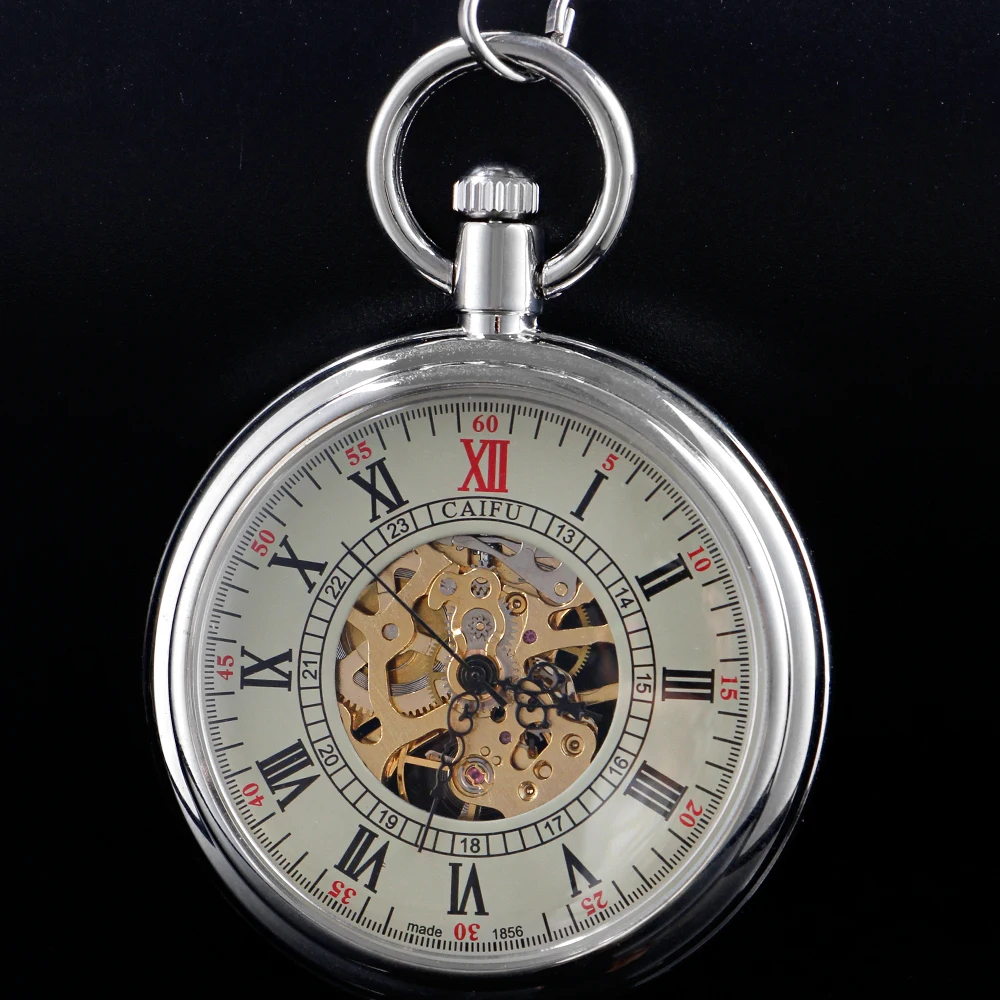 Silver Vintage Classic British Style Steam Punk Skull London Mechanical Pocket Watch Fob Chain Clock Men's and Women's Gift