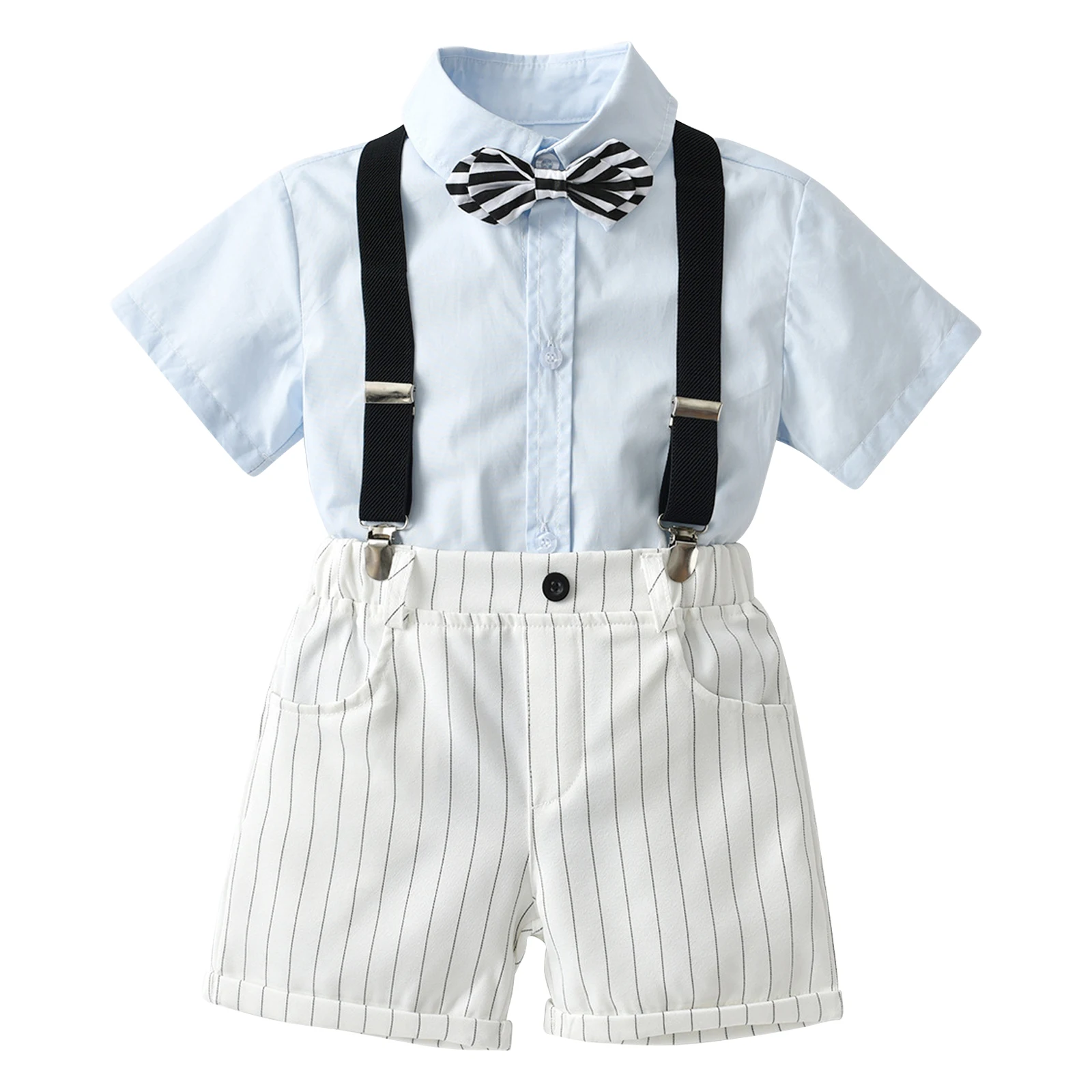 

Boys Gentleman Outfit Set Short Sleeve Shirt With Detachable Bow Elastic Waist Stripe Suspender Shorts Suit Kids Summer costumes