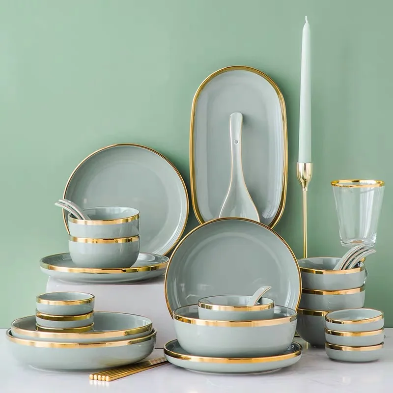 

Ceramic Tableware Set Dishes Dinner Plates Steak Food Dessert Plate Green Salad Soup Bowl Plates and Bowls Set for Family Hotel