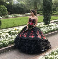 country black quinceanera dresses for 15 year ball gown ruffles tiered emboidery floral puffy long prom party dress for debut
