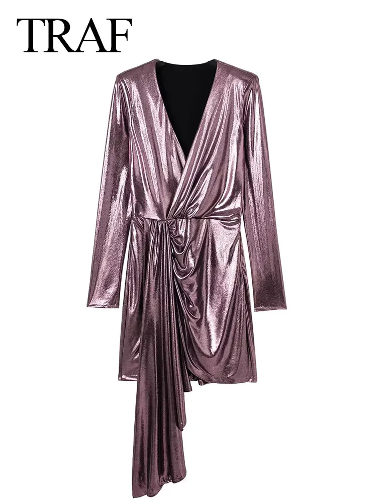 

TRAF Women's Sexy V Neck Ruched Shiny Party Dress Long Sleeve Slim Belt Mini Dresses Vintage Fashion Lady Clubwear Dress