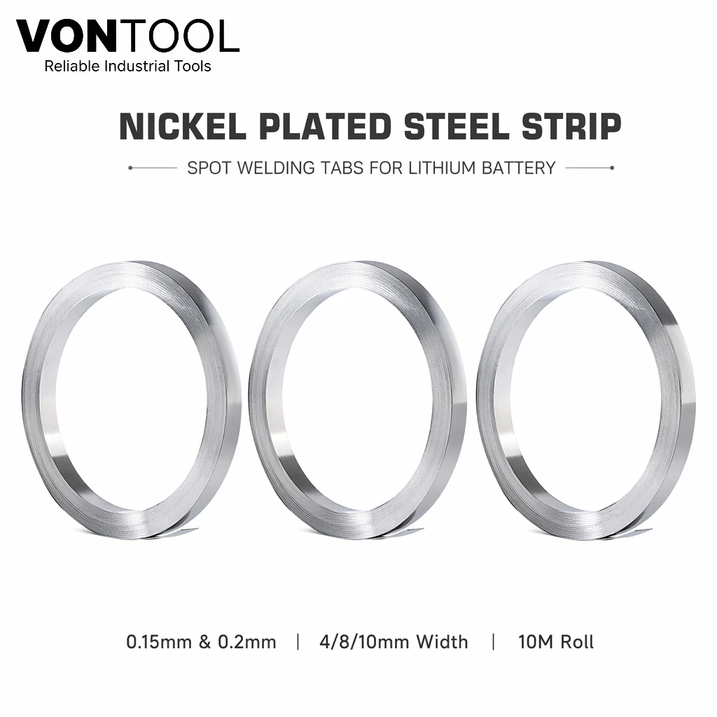 Фото Никелевая лента VONTOOL 0.15мм 0.2мм для точечной сварки аккумуляторов, ширина 4/8/10мм, 10 рулонов, для литиевых аккумуляторов 18650 21700 32650, для самостоятельной сборки аккумуляторных блоков №1