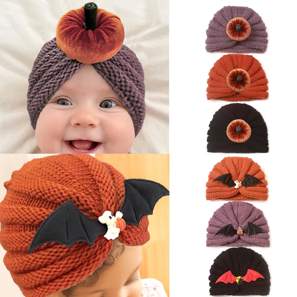 

Cute Cartoon Bat Pumpkin Baby Knit Hat Infant Turban Boys Girls Hats Toddler Headwraps Kids Bonnet Cap Happy Halloween Gifts