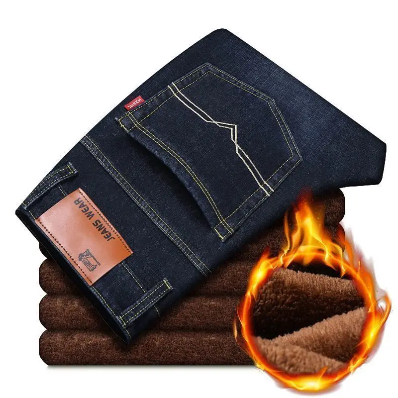 Men's slim jeans winter straight tube plus fleece thick jeans men's high-end fashion casual sports