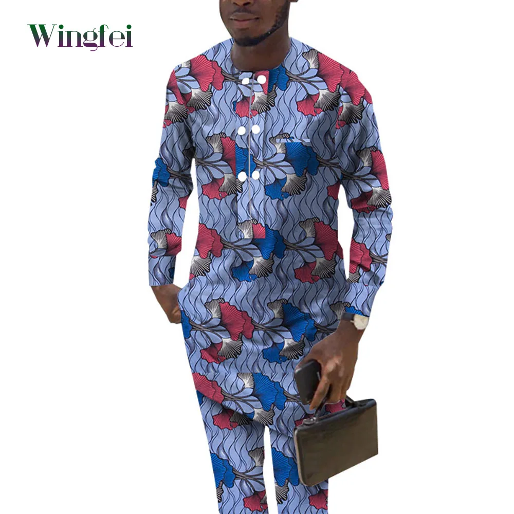 2 Pcs Set Men's Suits African Clothes for Men Print Long Sleeve O-neck Shirt and Trousers Dashiki Suit Men Casual Attire Wyn1604