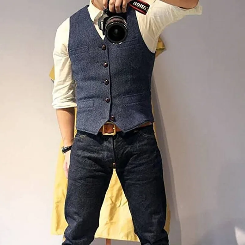 Vest Casual Classic Formal Business Herringbone Tweed Slim Fit Waistcoat For Wedding Groomsmen