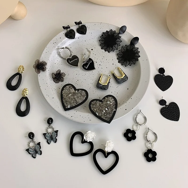

Minar Multiple Butterfly Rhinestone U Shape Multiple Gothic Black Letter Heart White Flower Drop Earring for Women Resin Earring