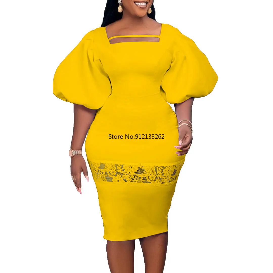 

2023 Spring Summer Africa Clothing Lantern Sleeve Dress African Dresses For Women Sexy Perspective Slim Dress Office Party