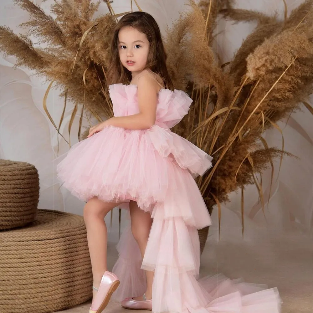 

Розовое платье с высоким и низким цветочным рисунком для девочек, свадебное Тюлевое Прозрачное платье без рукавов с вырезом для девочек, платье для торжества, платье на день рождения