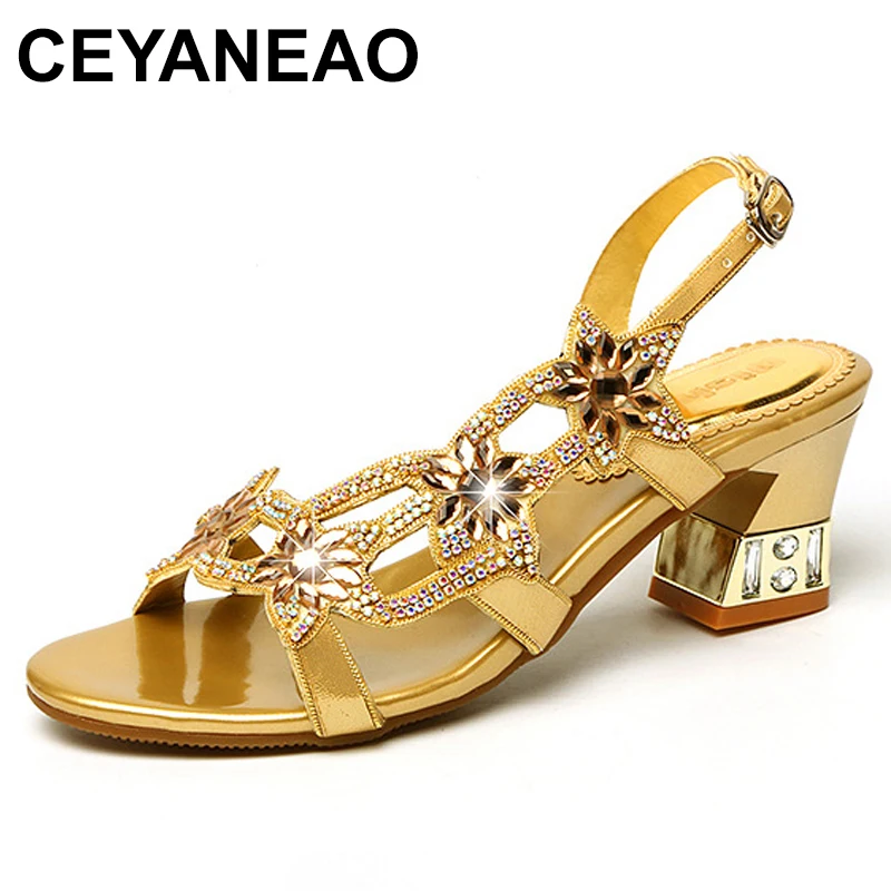 

Rhinestone Sandals Women Summer New thick-heeled Roman Sandals comfortable mid-heel open-toe fashion fish mouth Female shoes