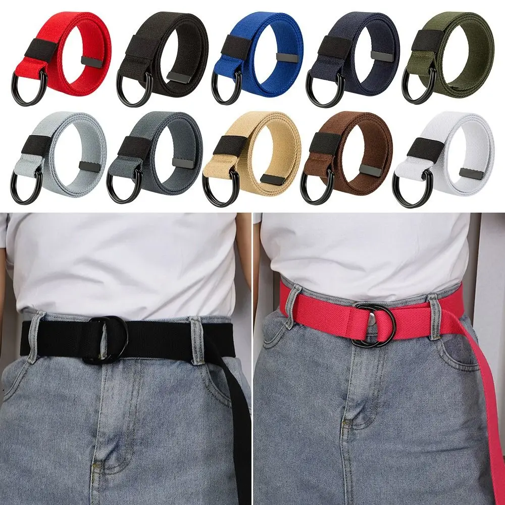 

Fashion Black Buckle Casual Simple Weave Waist Band Nylon Braided Belt Double Ring Waistband Canvas Strap
