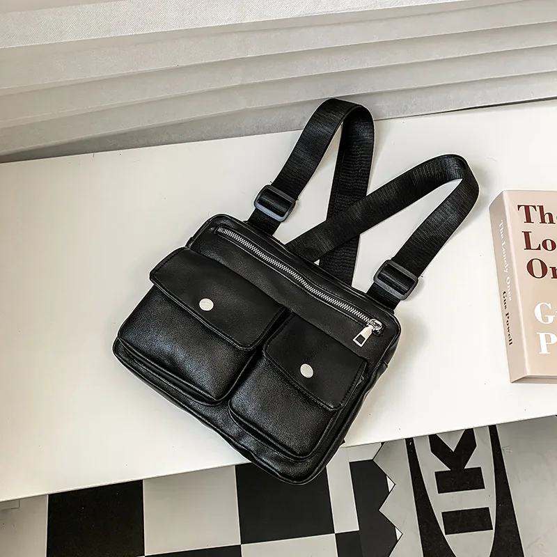 Leather Functional Tactical Chest Bag For Men Fashion Streetwear Hip Hop Vest Bag Casual Waist Pack Black Brand Man Back Rig Bag