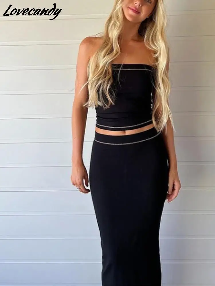 

2022 Fashion Contrast Color Line 2 Piece Dress Sets Women's Summer Elegant Outfits Sexy Tube Top And Tight Hip Long Skirt Suits