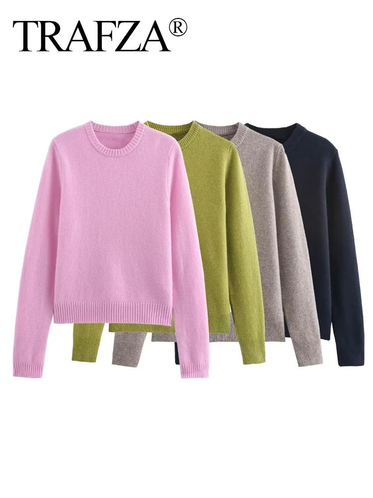 Женский трикотажный свитер в стиле ретро с длинным рукавом и круглым вырезом