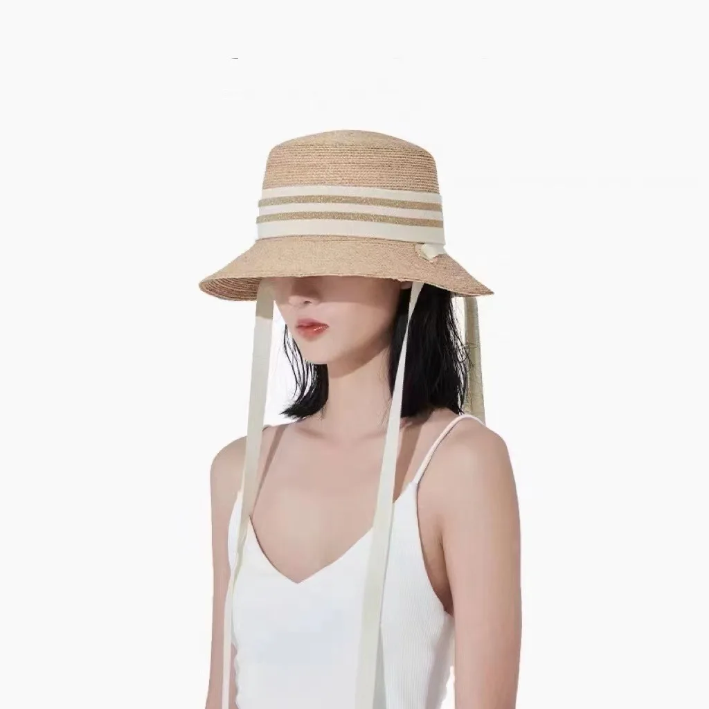

Fashion Stripe Bandage Sun Hat Sunscreen Beach Hat Ladies Black Bucket Hat Wholesale