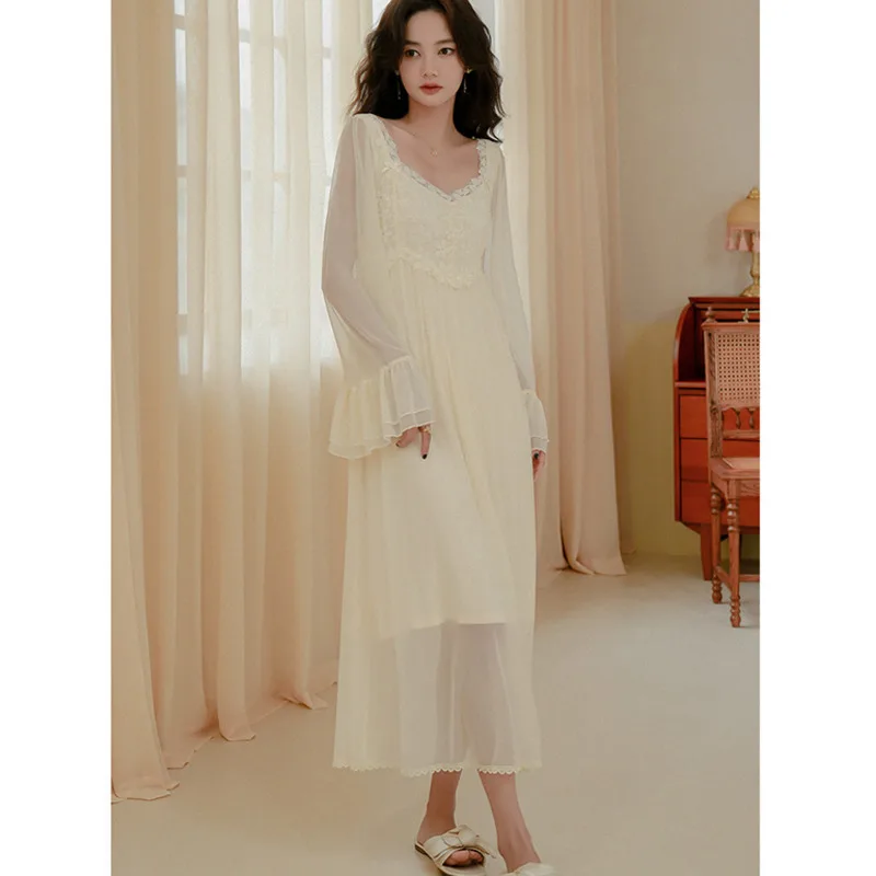 Spring Nightdress Women Mesh Apricot Pajamas Elegant French Style Long Sleepwear Nightwear For Women Sleepshirt Nightgown Pajama