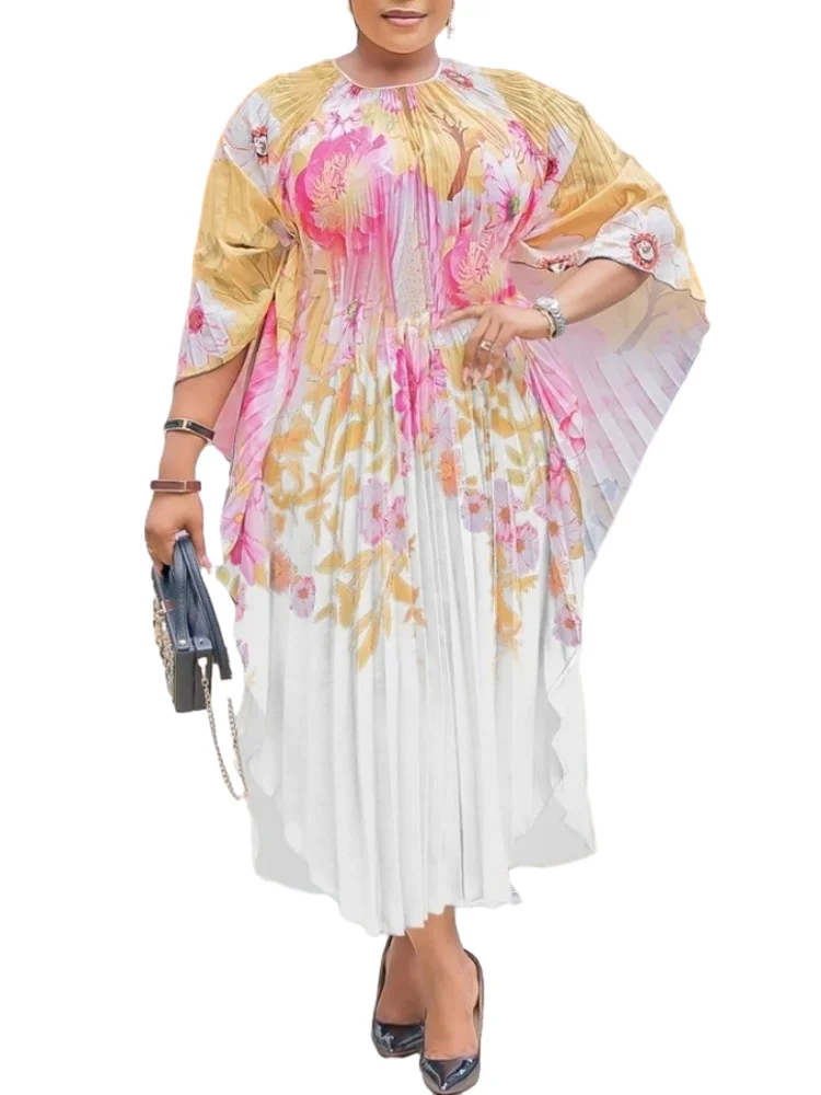 

Dashiki African Dresses For Women Fashion Big Size Africa Clothes Print Elegant Party Robe Loose Bat Sleeve Pleated Midi Dress
