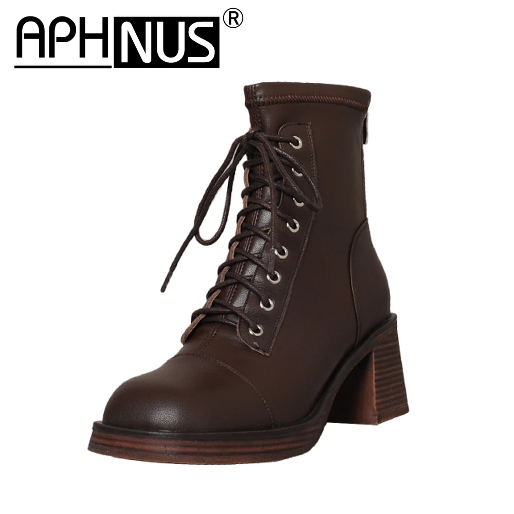 

APHNUS Womens Boots Cowhide Platforms Trifle Short Ankle Booties Mid High Heels Pumps 2023 Shoes New