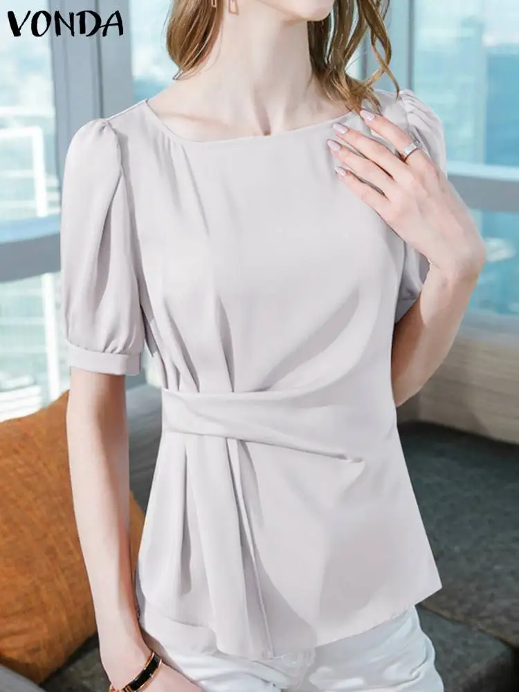 

Элегантные летние топы VONDA, женские блузки, плиссированные однотонные повседневные рубашки 2023, туника с коротким рукавом