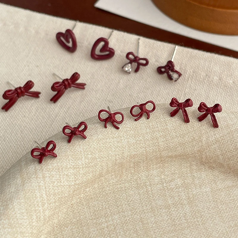 1 пара милых нежных мини-серьг-гвоздиков с красным бантом для женщин и девочек