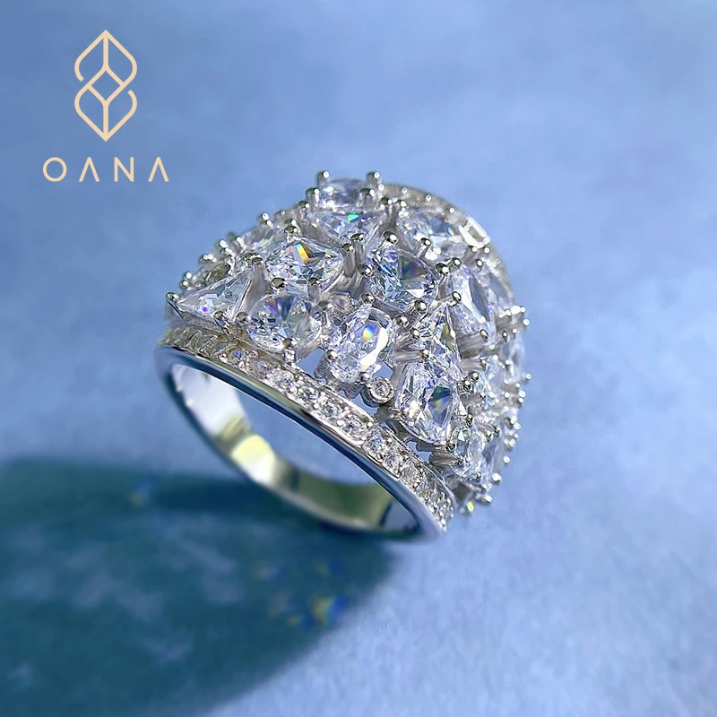 

OANA S925 Silver Full-Studded Diamond-Shaped Stone Ring Noble And Elegant High-End Jewelry Free Shipping
