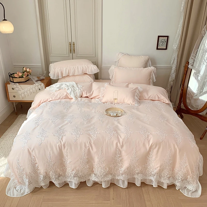 

Комплект постельного белья из египетского хлопка с кружевами и блестками с вышивкой, 600TC, Комплект постельного белья из 4 предметов для дома...