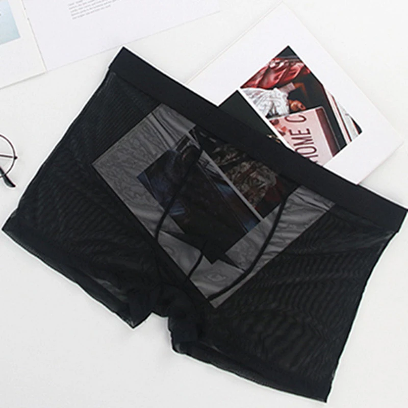 New Transparent Men's Boxer Briefs Lace Tulle Mesh Large Size Four-Corner Sexy Underwear Seamless Ice Silk Men's Underwear
