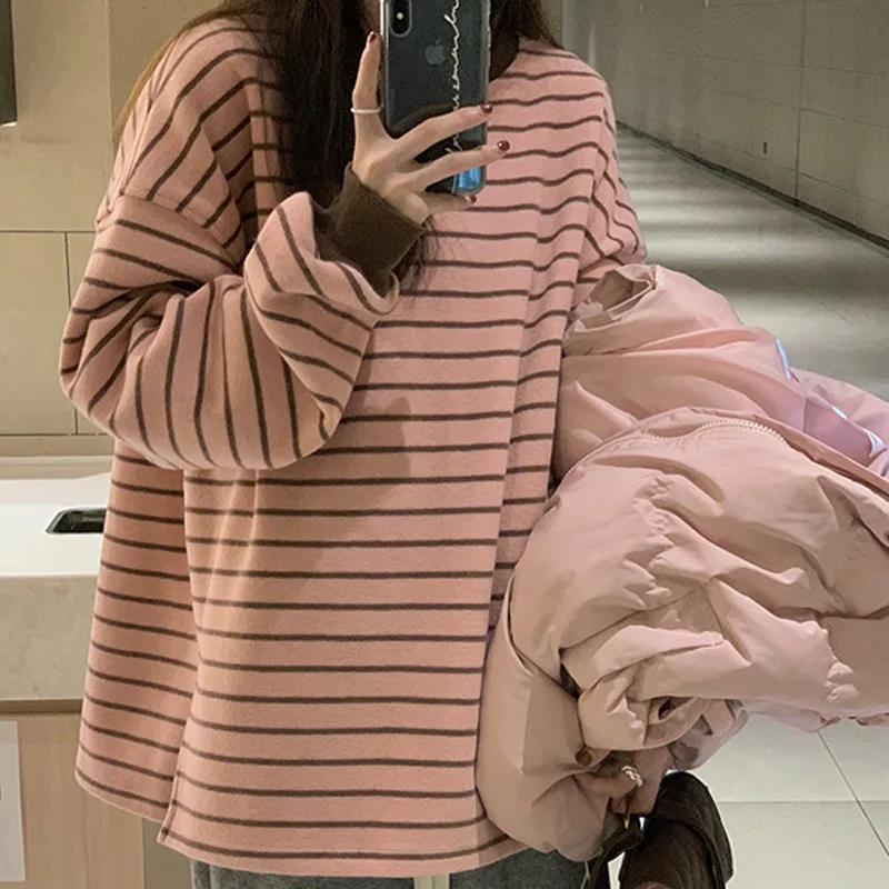 

Spring Autumn 2023 new mid-length striped women's sweatshirt pullover, dropped shoulder sleeves, oversized loose sweatshirt