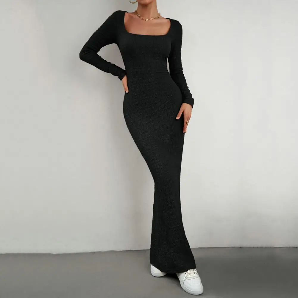 

Женское однотонное платье макси в рубчик с длинным рукавом и квадратным вырезом, Осеннее Сексуальное вечернее праздничное элегантное платье, платье с квадратным вырезом, 2021