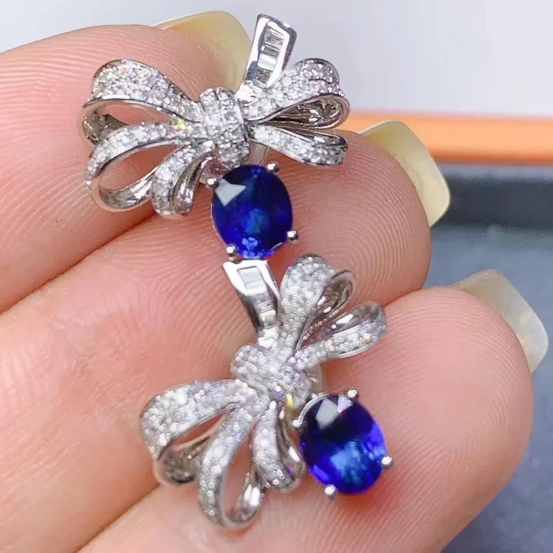 

New Light Luxury Temperament Rhinestone Silver Color Bow Blue Zirconia Pendant Earrings for Women Elegant Party Jewelry Gift