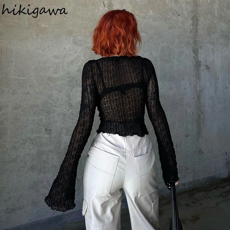 Женская прозрачная блузка с длинным рукавом летняя из газовой ткани Y2k 2024