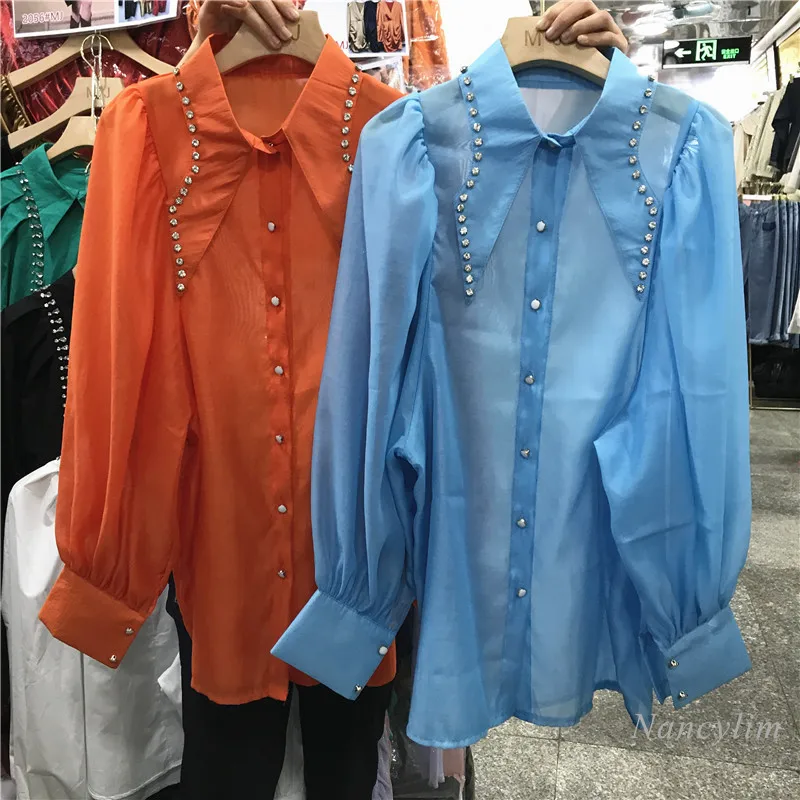 

Изысканная женская рубашка Стразы с бусинами и рукавами-фонариками 2022 весенние однобортные элегантные свободные Дамские топы во французском стиле