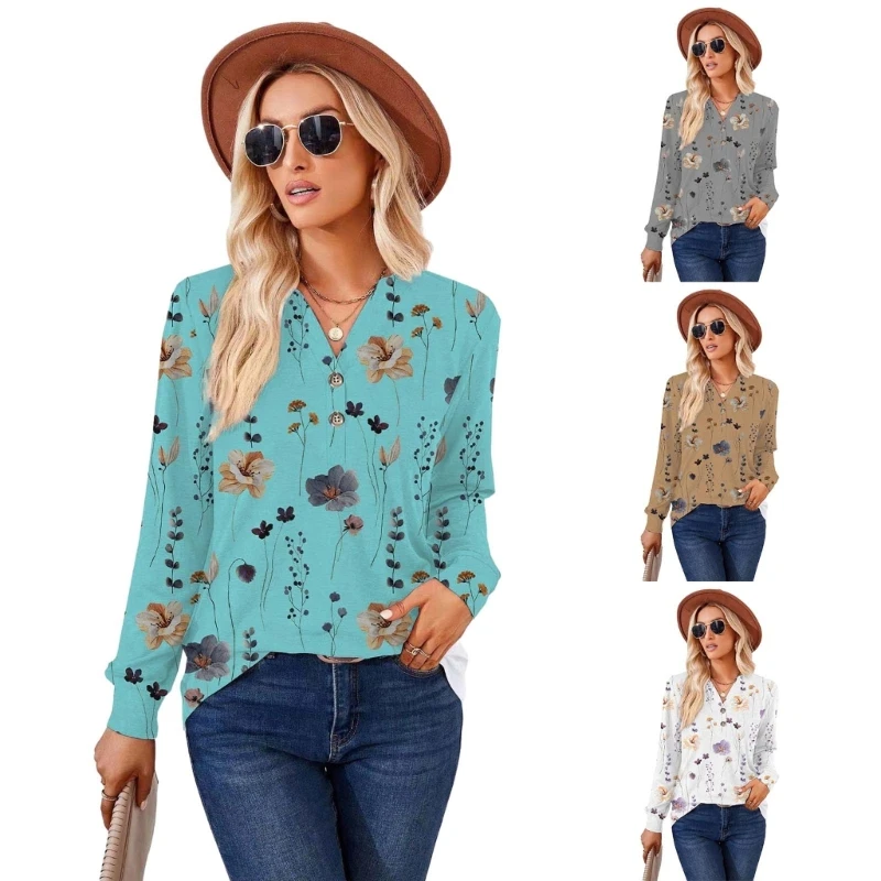 

Women's Floral Printed Long Sleeve Henley Shirts V Neck Button Down T Shirt Casual Loose Tunics Blouse Tops Streetwear