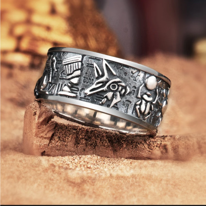 Relief Egyptian Gods Horus Anubis Vintage Ring Fashion Male Ring Single Tail Ring Forefinger
