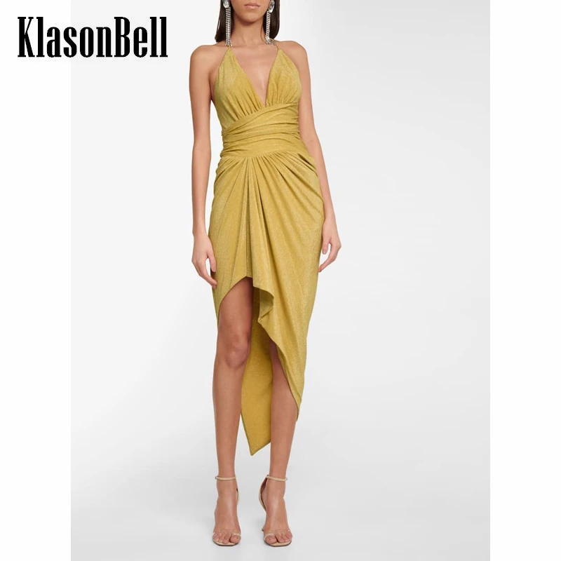 

5.6 KlasonBell Sexy Backless V-Neck Halter Suspender Folds Irregular Slim Split Dress Women