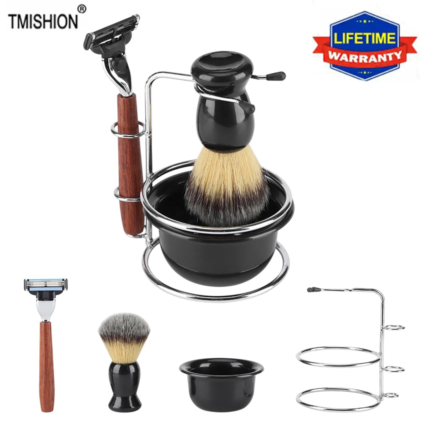 4Pcs Professional Men Beard Brush Set Manual Razor + Stainess Steel Stand Holder + Clean Brush + Bowl For Men Shaving Facial Kit