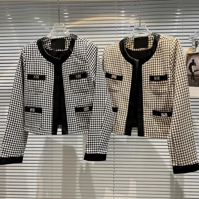 

4 Pocket Houndstooth O Neck Tweed Jacket Khaka Black Spring Women Short Coat