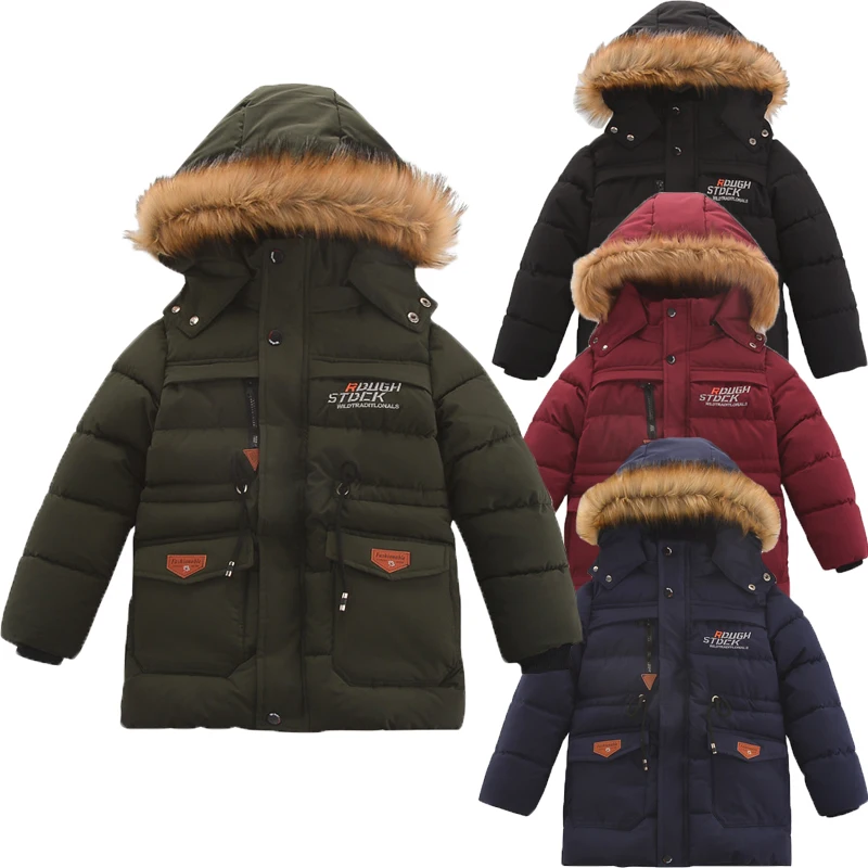 

Lining Plush Keep Warm Boys Jacket 2022 New Thick Letter Fur Collar Hooded Child Outerwear 3-12 Years Cold Resistant Clothes