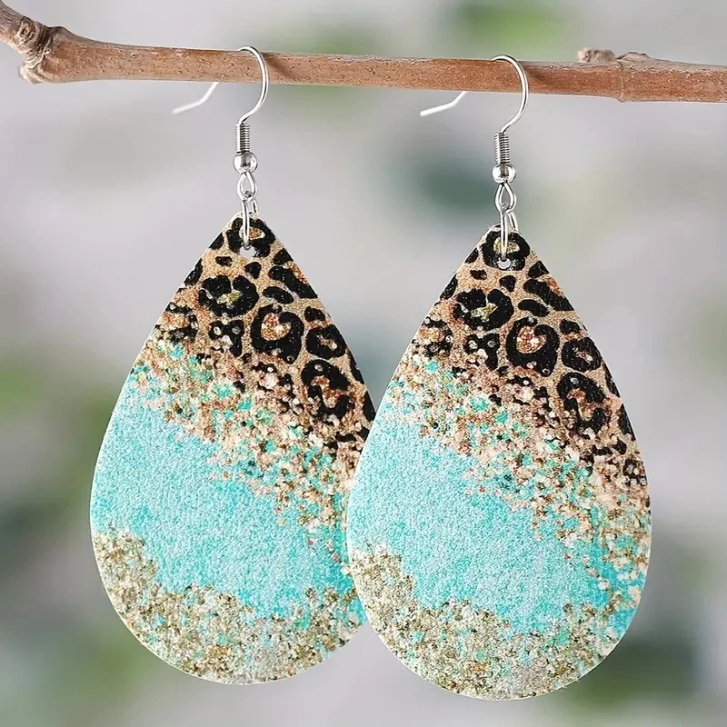 

1Pair Bohemian Fashion Style PU Leather Droplet Earrings Beach Print Men's and Women's Daily Wear Ear Jewelry Creative Personali