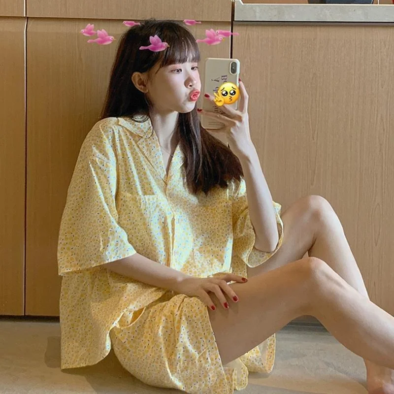 Qweek Women Clothing Sets Summer Plus Size Pajamas Summer Night Home Suit Floral Pyjamas Korean Style Pijamas Sleepwear Cute